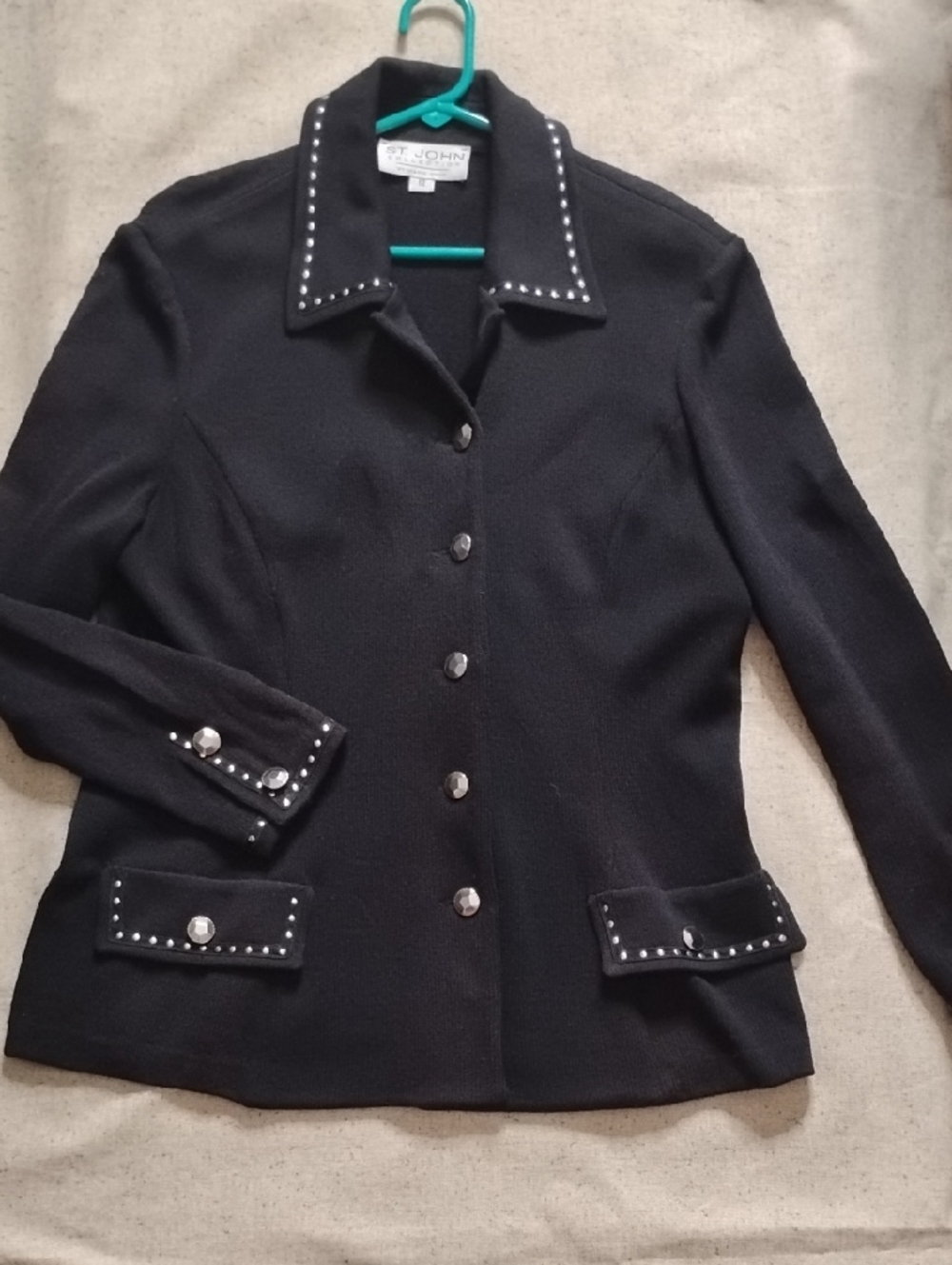 St. John Black Knit Blazer with Silver Stud Trim
